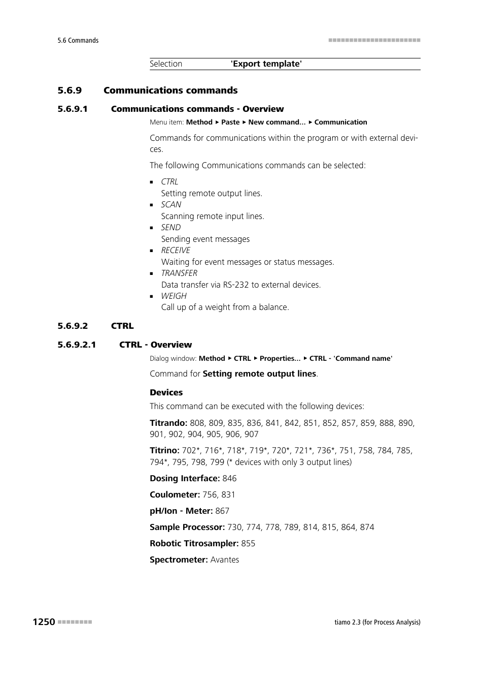 9 communications commands, 1 communications commands - overview, 2 ctrl | 1 ctrl - overview, Communications commands 0, Ctrl | Metrohm tiamo 2.3 (process analysis) User Manual | Page 1266 / 1790