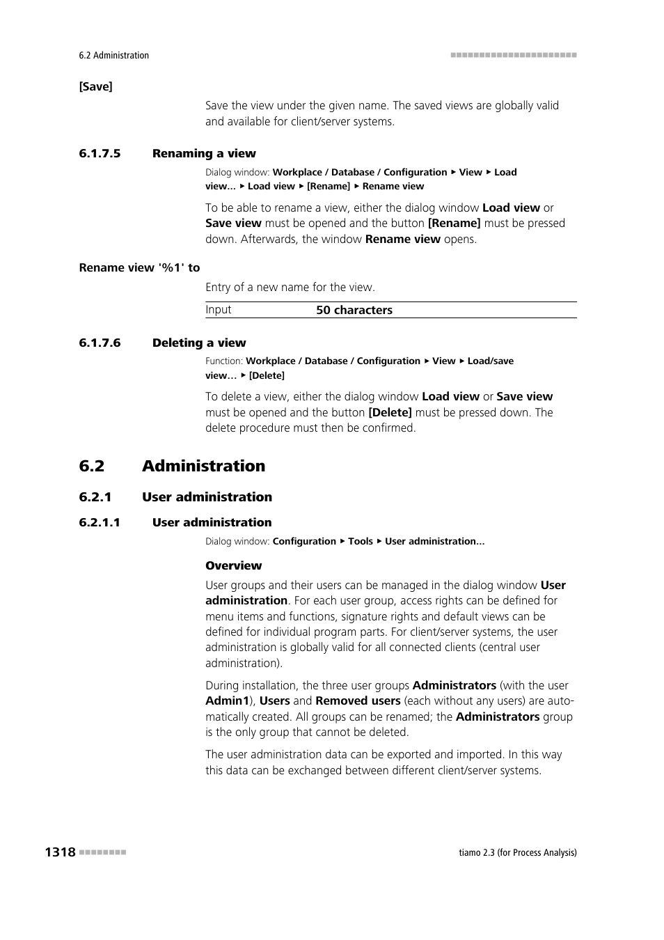 5 renaming a view, 6 deleting a view, 2 administration | 1 user administration, Administration 8, User administration 8, Manage user groups | Metrohm tiamo 2.3 (process analysis) User Manual | Page 1334 / 1790