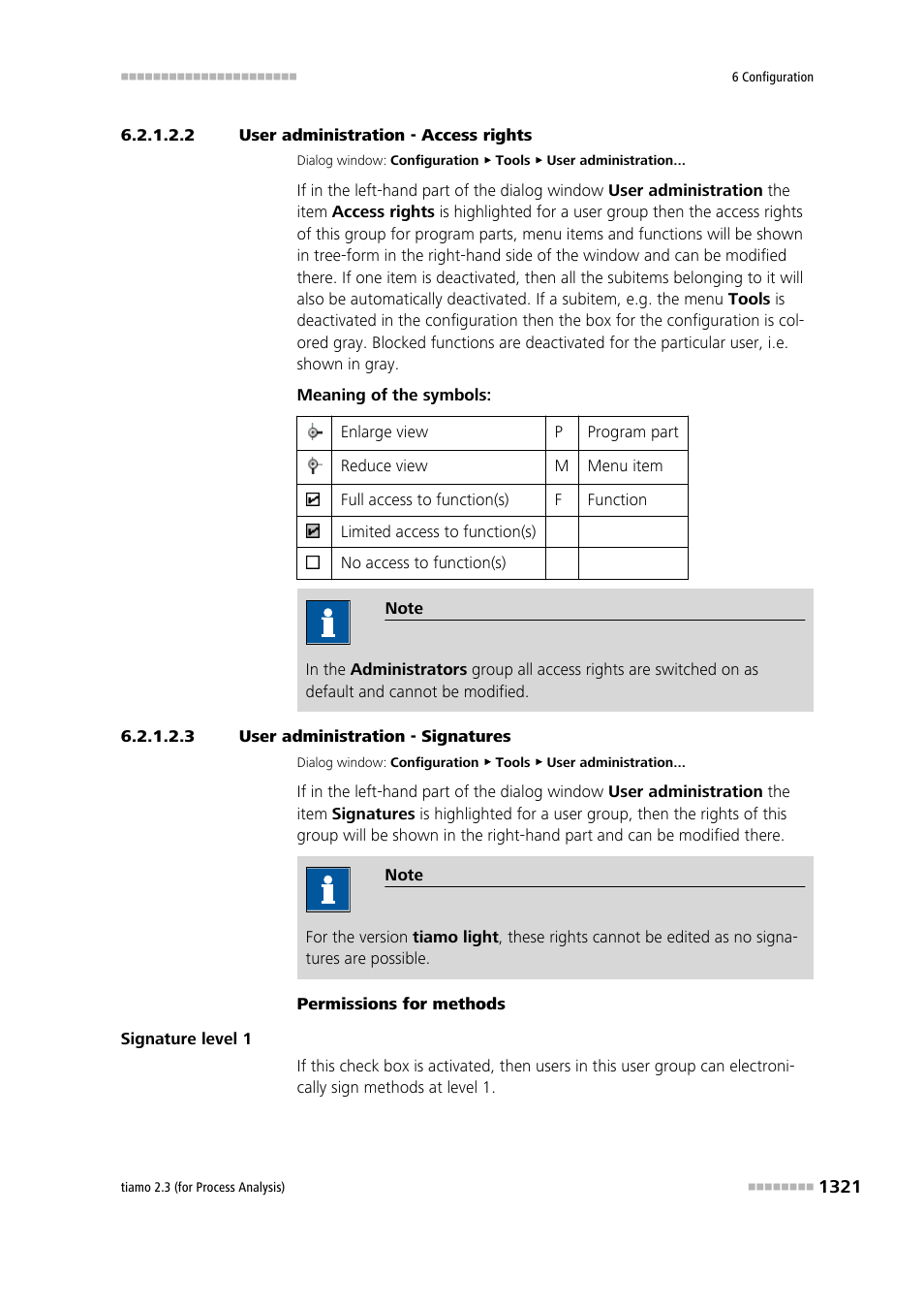 2 user administration - access rights, 3 user administration - signatures, Access rights | Signatures, Define access rights for user groups, Define signature rights for user groups | Metrohm tiamo 2.3 (process analysis) User Manual | Page 1337 / 1790