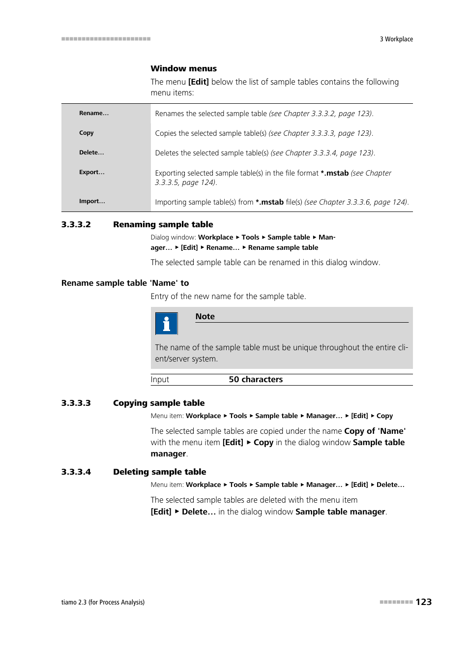 2 renaming sample table, 3 copying sample table, 4 deleting sample table | Metrohm tiamo 2.3 (process analysis) User Manual | Page 139 / 1790