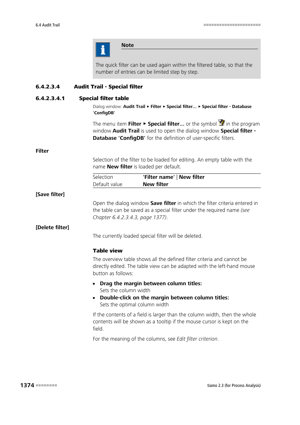 4 audit trail - special filter, 1 special filter table, Special filter | Metrohm tiamo 2.3 (process analysis) User Manual | Page 1390 / 1790
