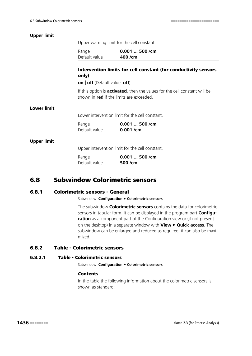 8 subwindow colorimetric sensors, 1 colorimetric sensors - general, 2 table - colorimetric sensors | 1 table - colorimetric sensors, Subwindow colorimetric sensors 6, Colorimetric sensors - general 6, Table - colorimetric sensors 6 | Metrohm tiamo 2.3 (process analysis) User Manual | Page 1452 / 1790