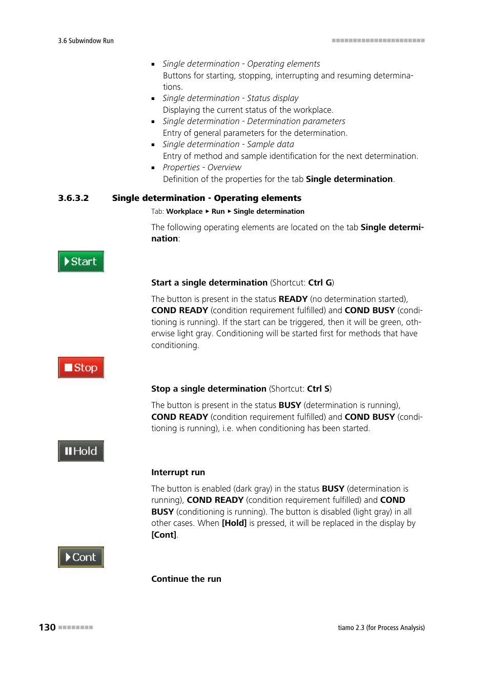 2 single determination - operating elements, Start/stop single determination, Interrupt/resume single determination | Metrohm tiamo 2.3 (process analysis) User Manual | Page 146 / 1790