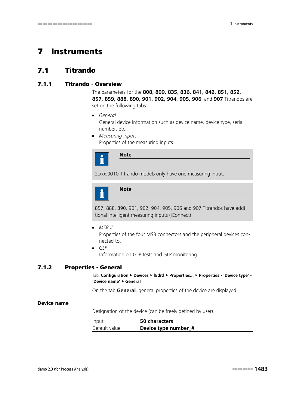 7 instruments, 1 titrando, 1 titrando - overview | 2 properties - general, Titrando 3, Titrando - overview 3, Properties - general 3, Titrando | Metrohm tiamo 2.3 (process analysis) User Manual | Page 1499 / 1790