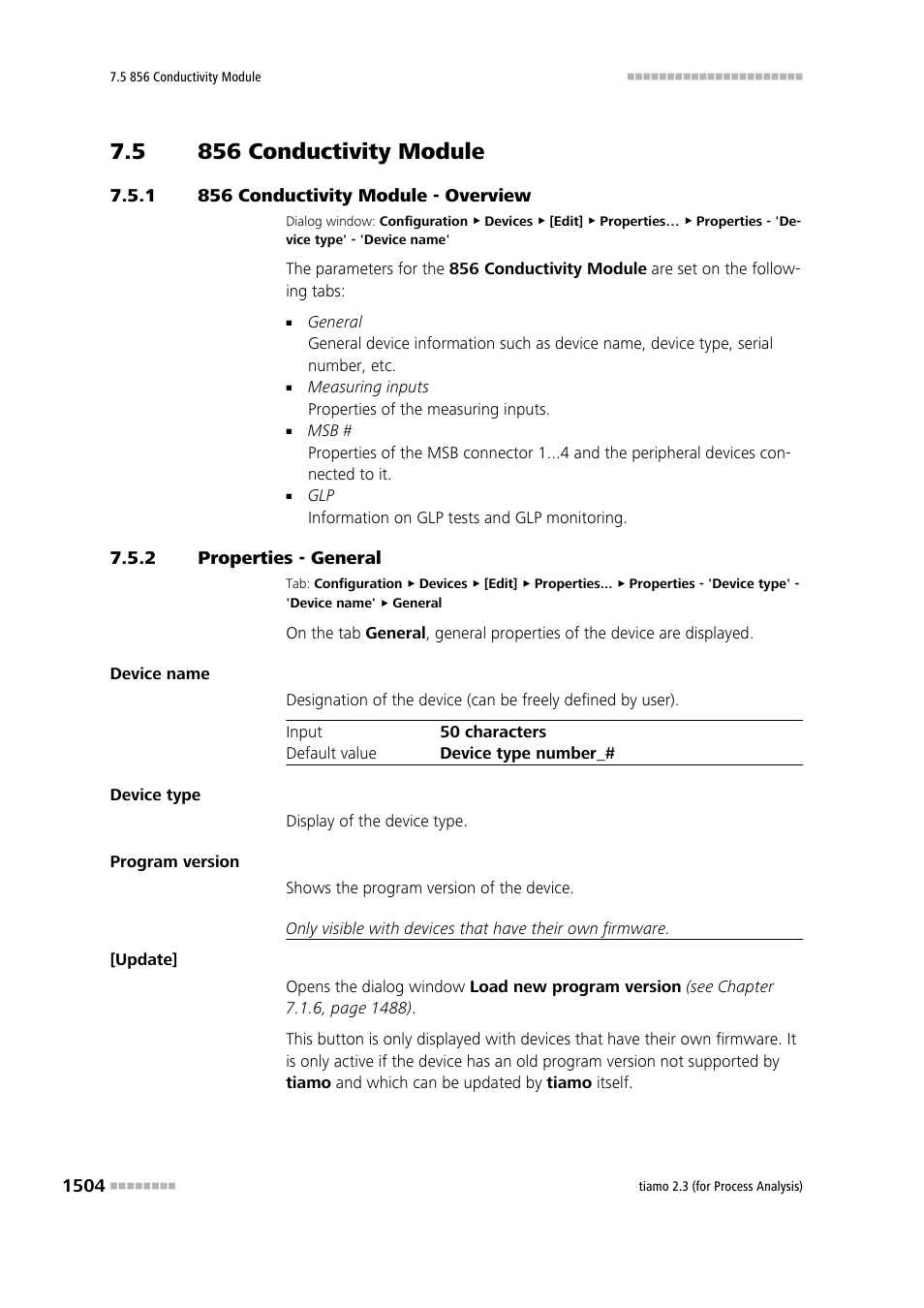 5 856 conductivity module, 1 856 conductivity module - overview, 2 properties - general | 856 conductivity module 4, 856 conductivity module - overview 4, Properties - general 4, 856 conductometer | Metrohm tiamo 2.3 (process analysis) User Manual | Page 1520 / 1790