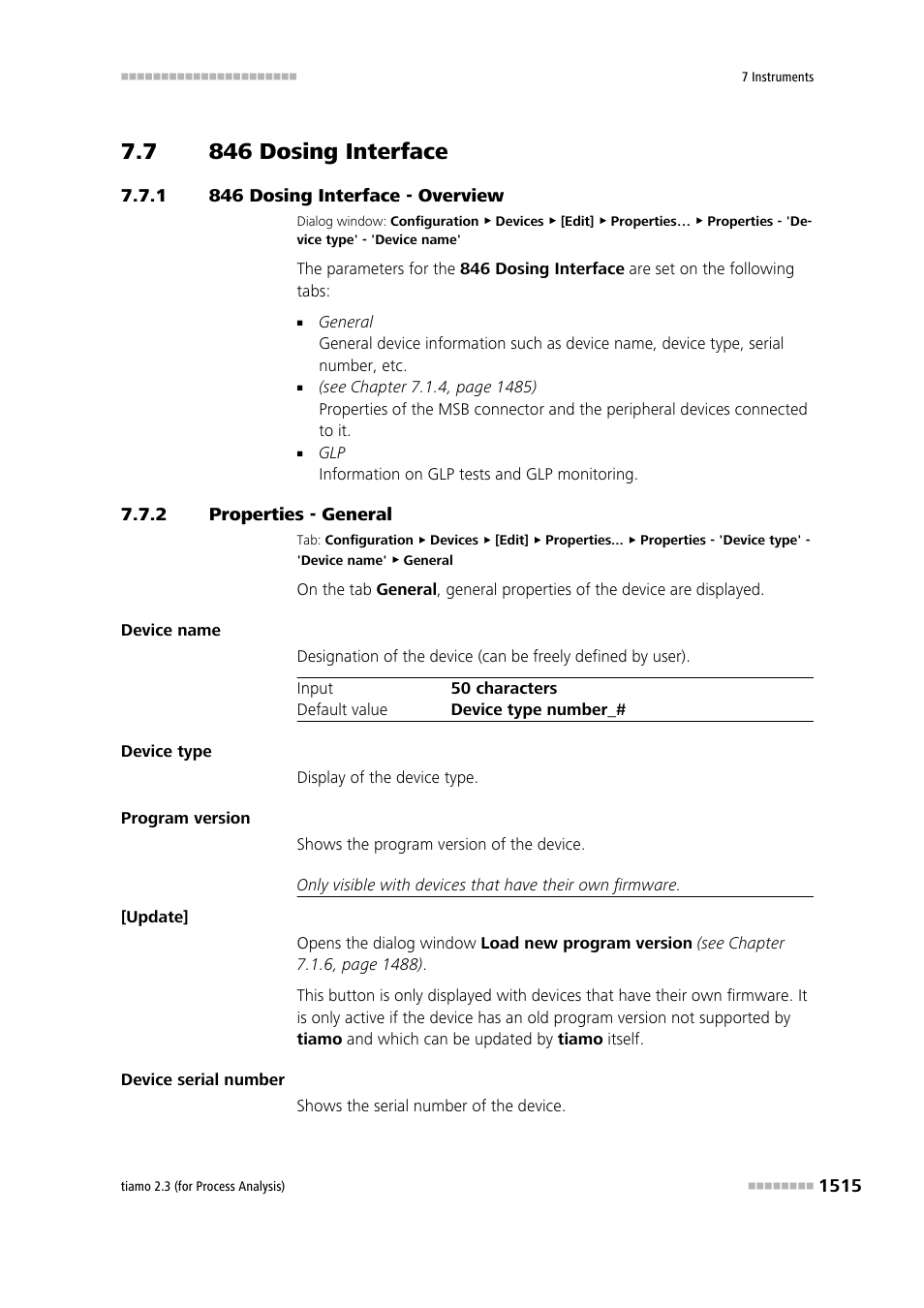 7 846 dosing interface, 1 846 dosing interface - overview, 2 properties - general | 846 dosing interface 5, 846 dosing interface - overview 5, Properties - general 5, 846 dosing interface | Metrohm tiamo 2.3 (process analysis) User Manual | Page 1531 / 1790