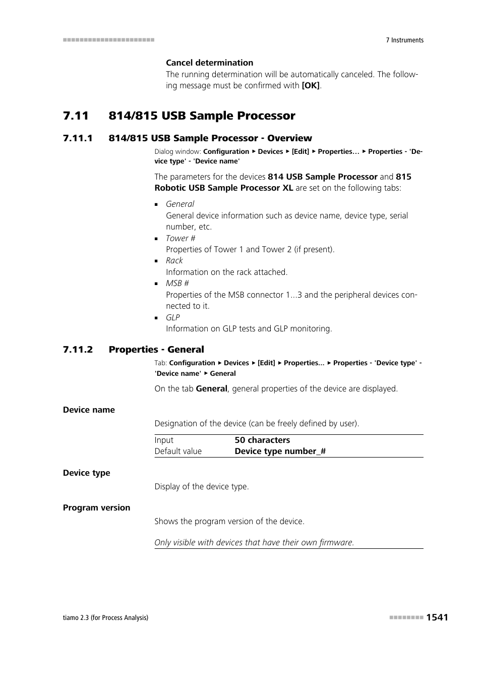 11 814/815 usb sample processor, 1 814/815 usb sample processor - overview, 2 properties - general | 11 814/815 usb sample processor 1 7.11.1, 814/815 usb sample processor - overview 1, Properties - general 1, 814/815 sample processor | Metrohm tiamo 2.3 (process analysis) User Manual | Page 1557 / 1790