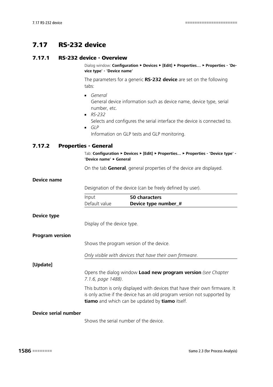 17 rs-232 device, 1 rs-232 device - overview, 2 properties - general | 17 rs-232 device 6 7.17.1, Rs-232 device - overview 6, Properties - general 6, Rs-232 device | Metrohm tiamo 2.3 (process analysis) User Manual | Page 1602 / 1790