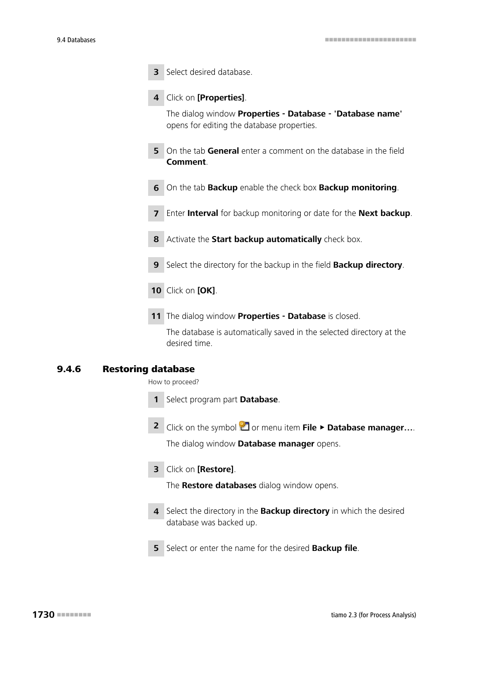 6 restoring database, Restoring database 0 | Metrohm tiamo 2.3 (process analysis) User Manual | Page 1746 / 1790