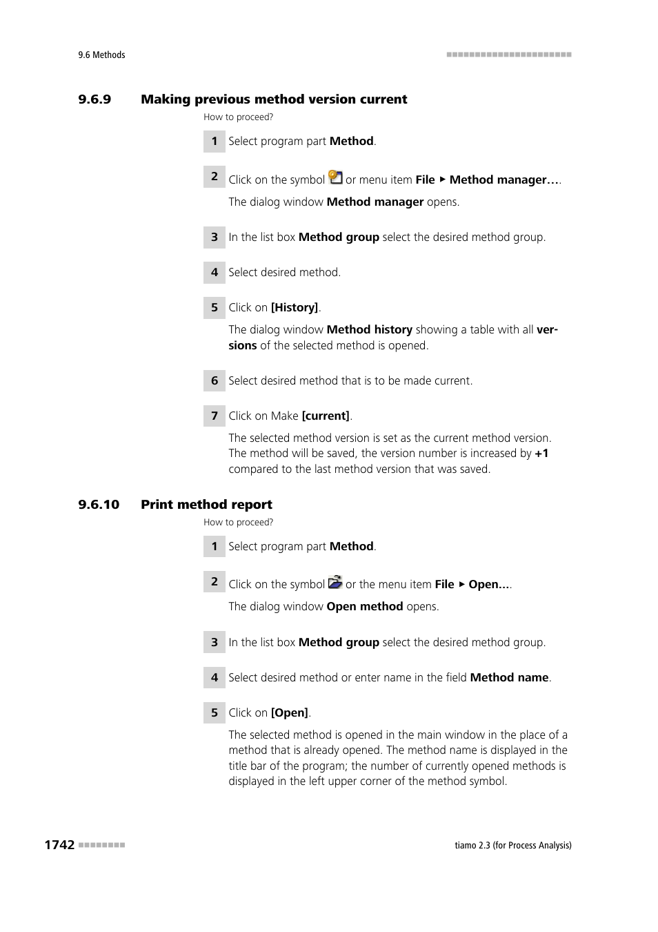 9 making previous method version current, 10 print method report, Making previous method version current 2 | Print method report 2 | Metrohm tiamo 2.3 (process analysis) User Manual | Page 1758 / 1790