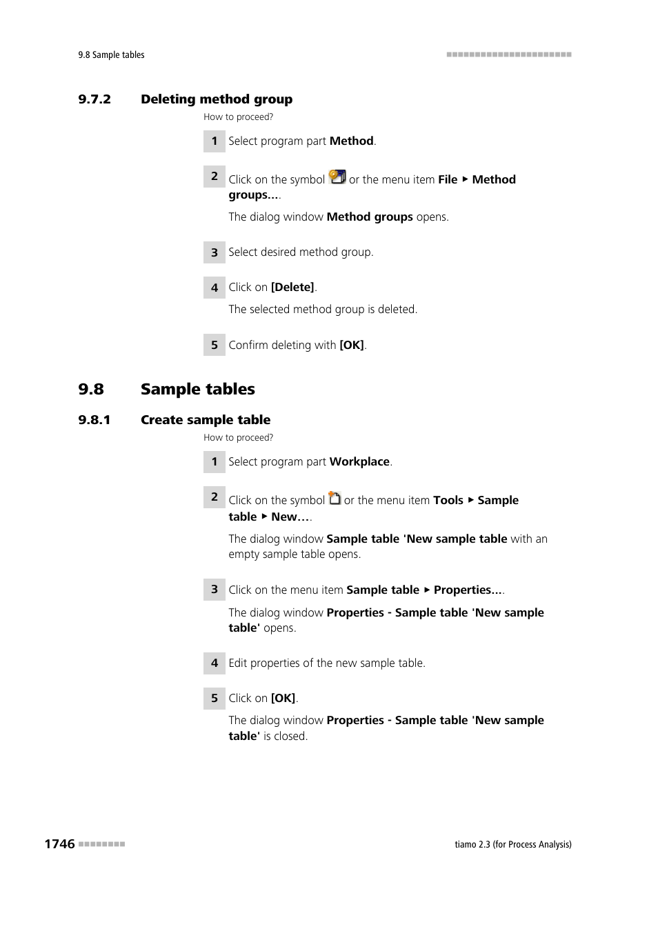 2 deleting method group, 8 sample tables, 1 create sample table | Deleting method group 6, Sample tables 6, Create sample table 6 | Metrohm tiamo 2.3 (process analysis) User Manual | Page 1762 / 1790