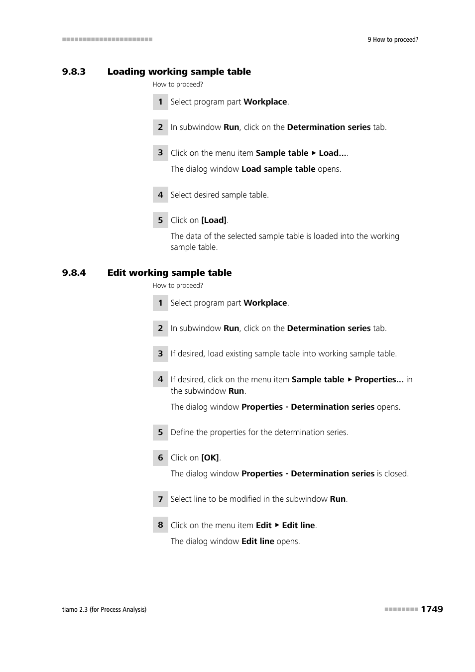 3 loading working sample table, 4 edit working sample table, Loading working sample table 9 | Edit working sample table 9 | Metrohm tiamo 2.3 (process analysis) User Manual | Page 1765 / 1790