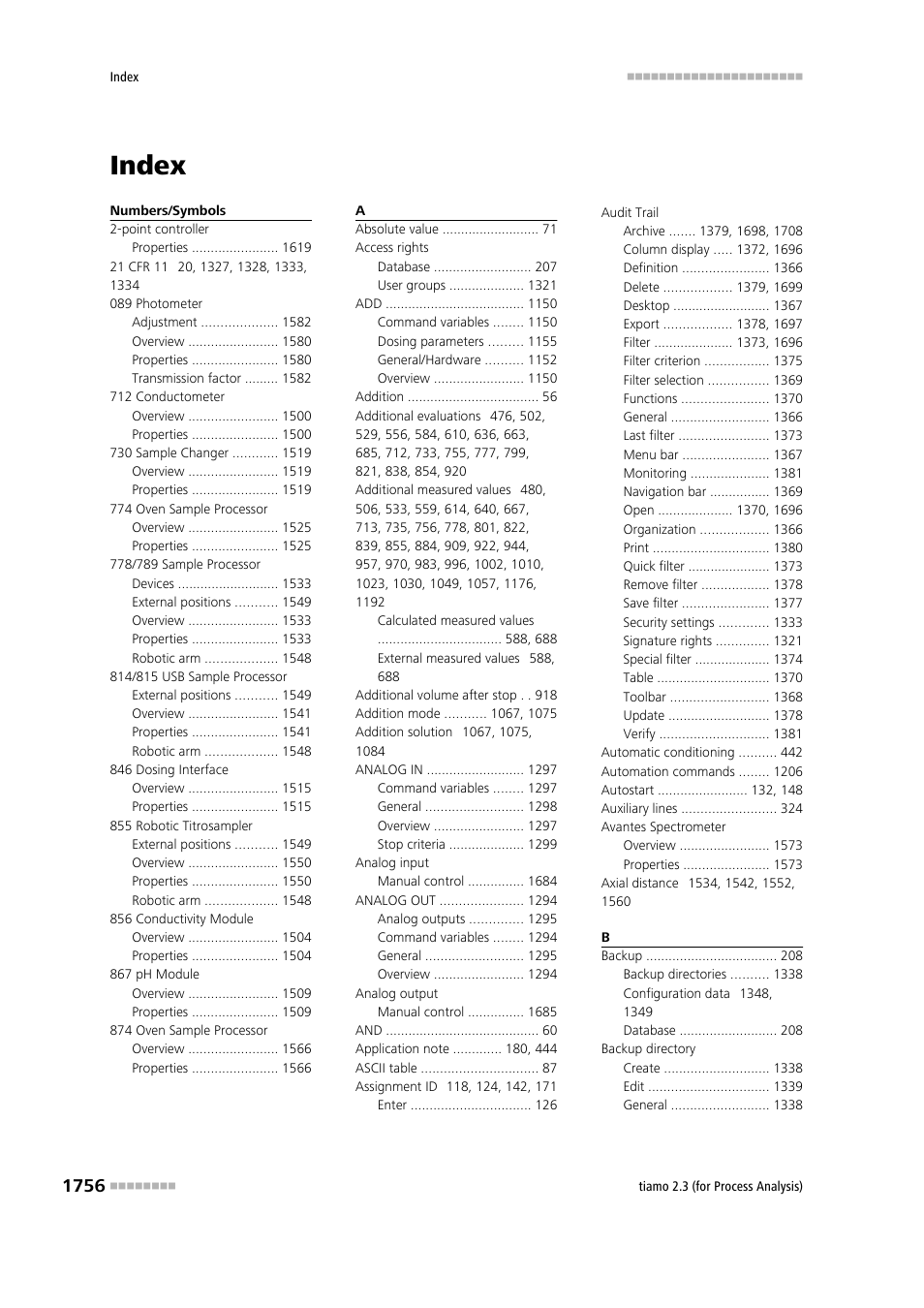Index | Metrohm tiamo 2.3 (process analysis) User Manual | Page 1772 / 1790