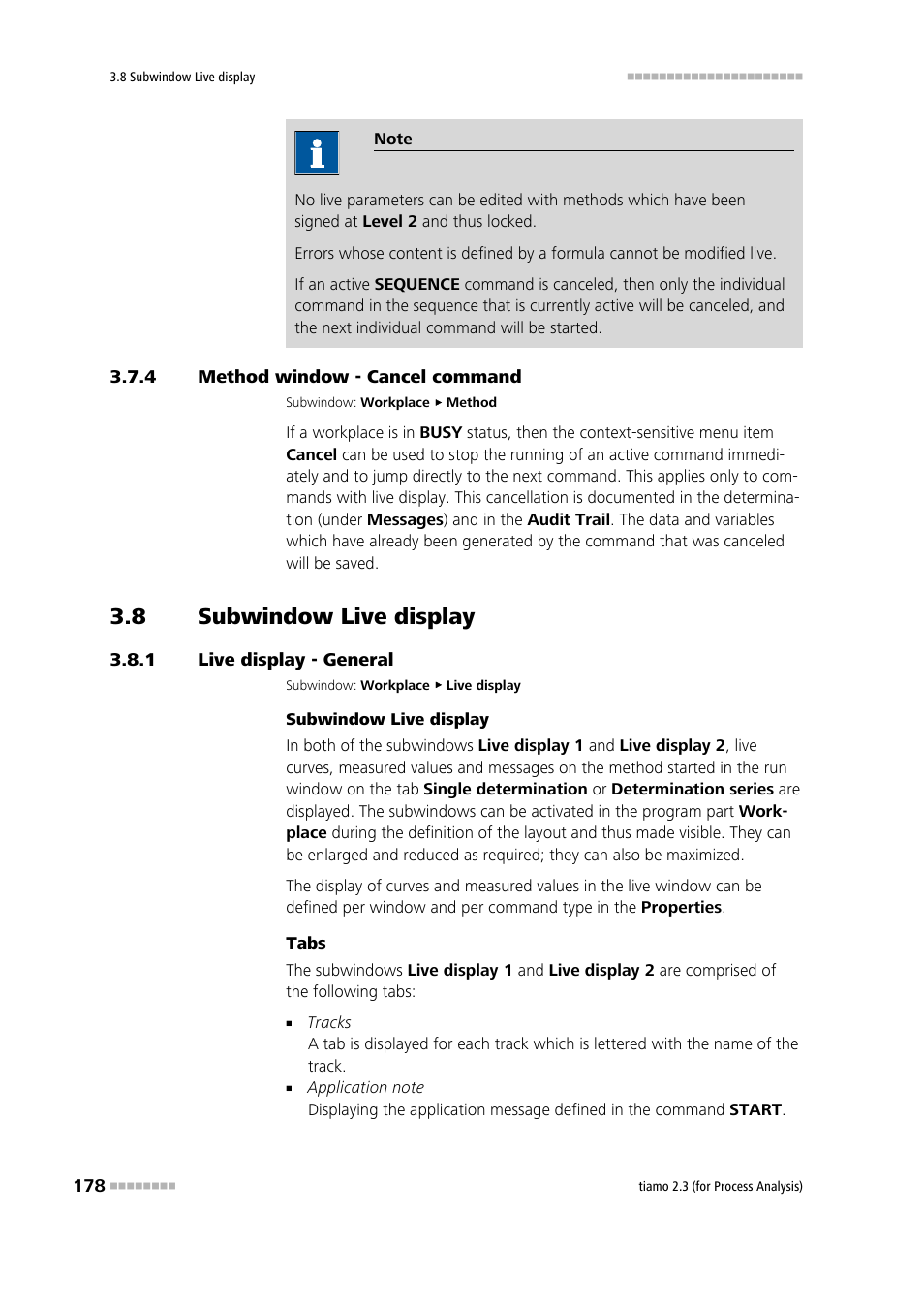 4 method window - cancel command, 8 subwindow live display, 1 live display - general | Method window - cancel command, Subwindow live display, Live display - general, Live display 1, Live display 2, Cancel commands | Metrohm tiamo 2.3 (process analysis) User Manual | Page 194 / 1790