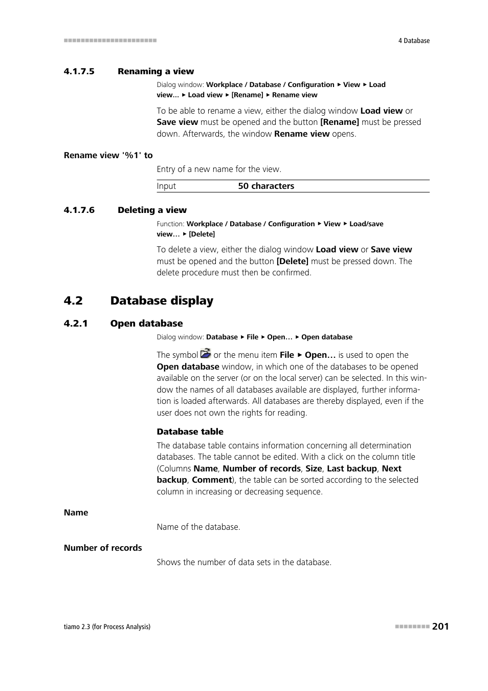 5 renaming a view, 6 deleting a view, 2 database display | 1 open database, Database display, Open database | Metrohm tiamo 2.3 (process analysis) User Manual | Page 217 / 1790