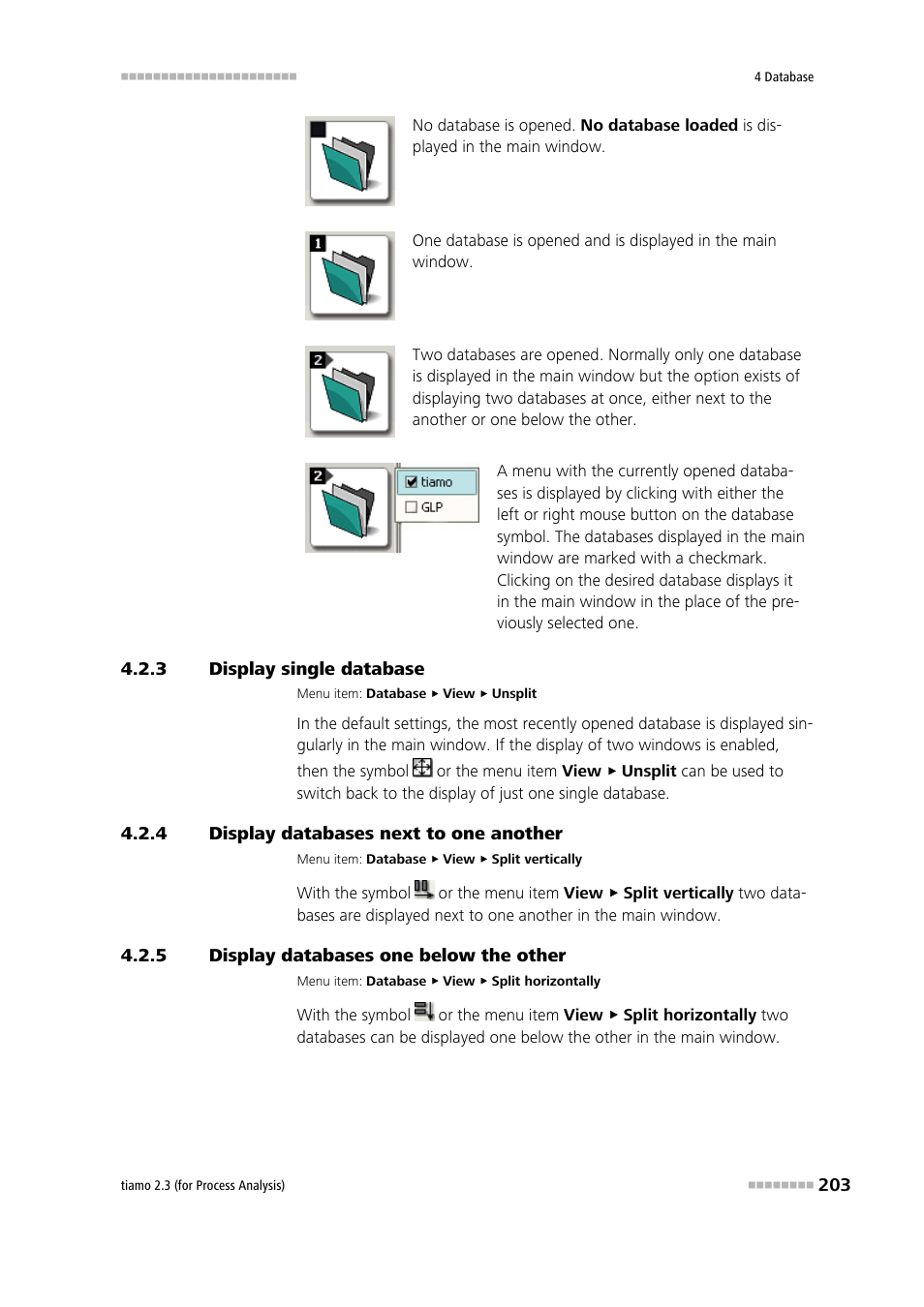 3 display single database, 4 display databases next to one another, 5 display databases one below the other | Display single database, Display databases next to one another, Display databases one below the other | Metrohm tiamo 2.3 (process analysis) User Manual | Page 219 / 1790
