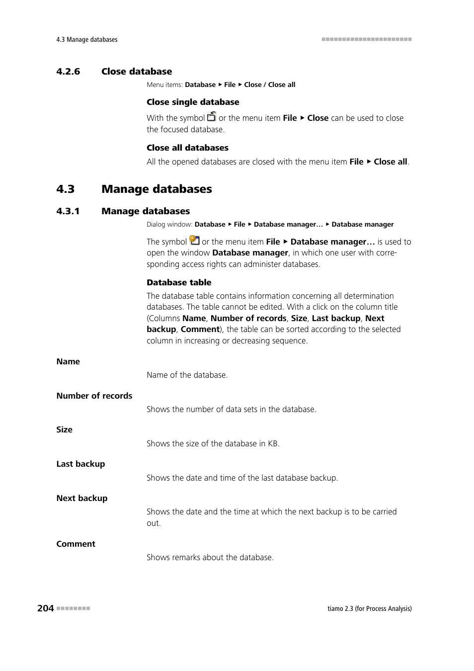 6 close database, 3 manage databases, 1 manage databases | Close database, Manage databases | Metrohm tiamo 2.3 (process analysis) User Manual | Page 220 / 1790