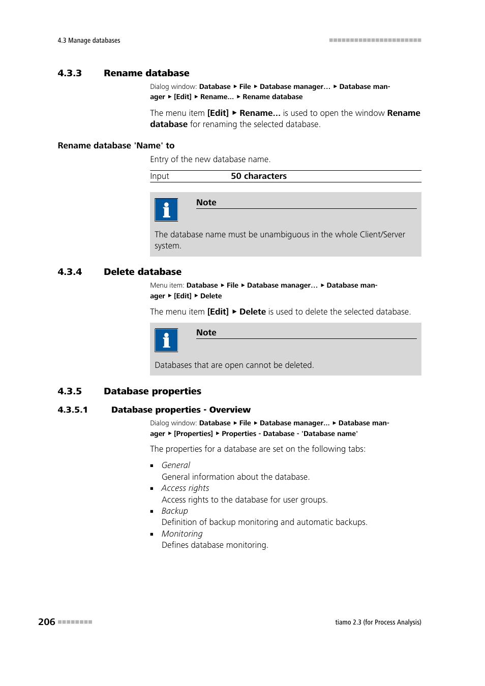 3 rename database, 4 delete database, 5 database properties | 1 database properties - overview, Rename database, Delete database, Database properties, Rename the database, Edit the database properties, Delete the database | Metrohm tiamo 2.3 (process analysis) User Manual | Page 222 / 1790