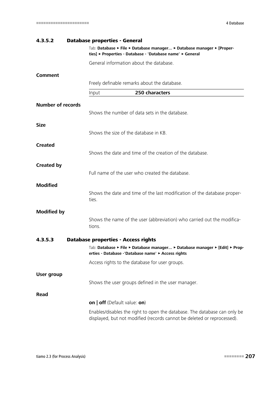 2 database properties - general, 3 database properties - access rights | Metrohm tiamo 2.3 (process analysis) User Manual | Page 223 / 1790