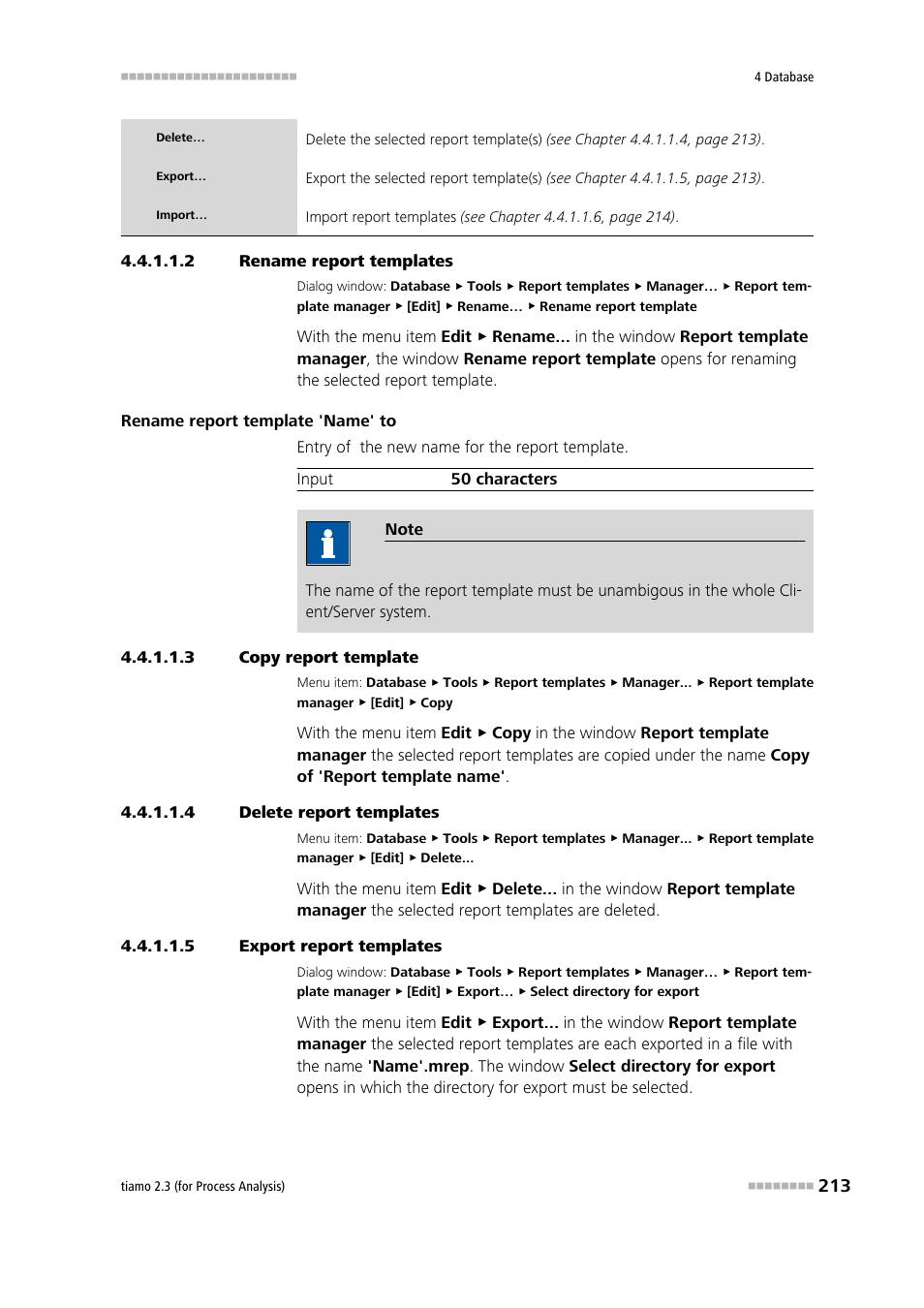 2 rename report templates, 3 copy report template, 4 delete report templates | 5 export report templates | Metrohm tiamo 2.3 (process analysis) User Manual | Page 229 / 1790