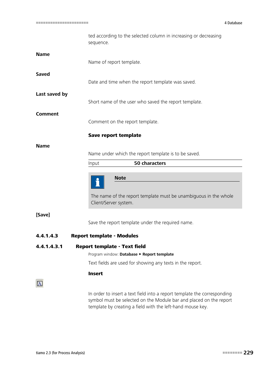 3 report template - modules, 1 report template - text field, Text field | Metrohm tiamo 2.3 (process analysis) User Manual | Page 245 / 1790