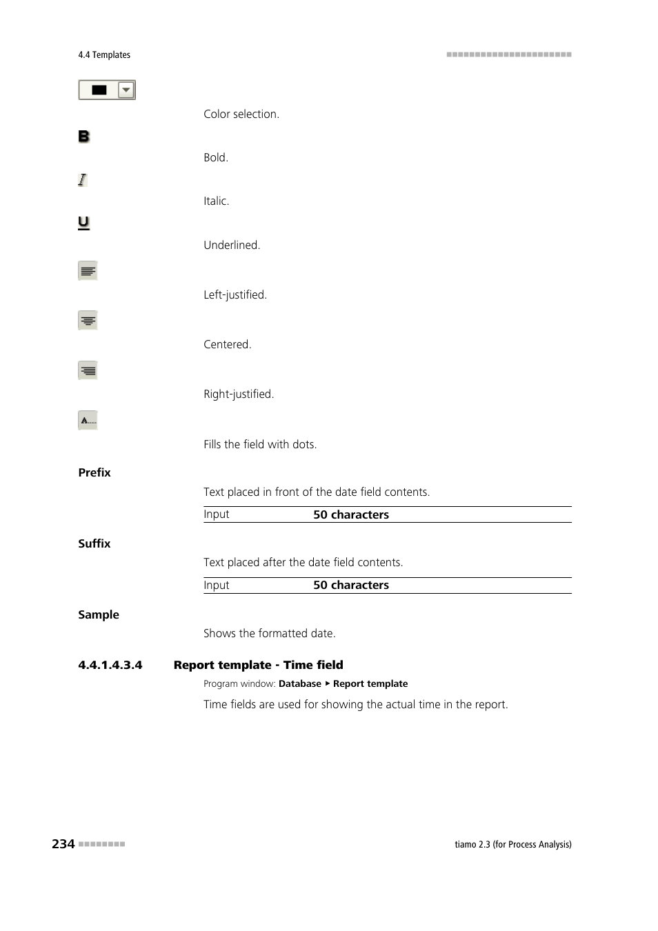 4 report template - time field, Time field | Metrohm tiamo 2.3 (process analysis) User Manual | Page 250 / 1790