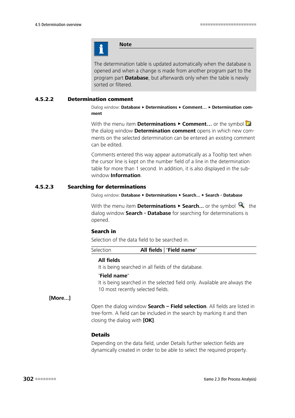 2 determination comment, 3 searching for determinations, Enter determination comment | Search determinations | Metrohm tiamo 2.3 (process analysis) User Manual | Page 318 / 1790