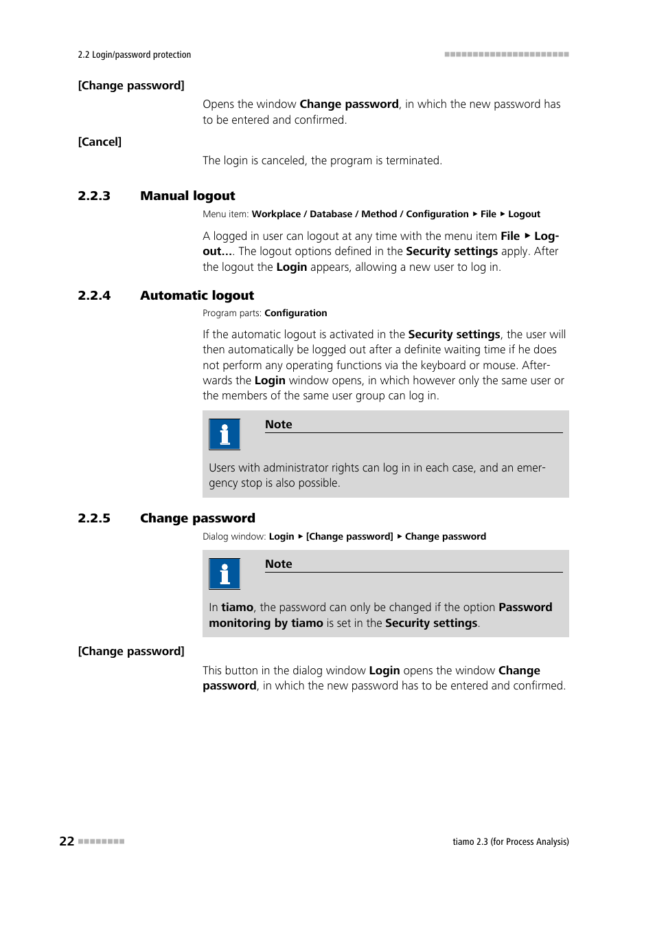 3 manual logout, 4 automatic logout, 5 change password | Manual logout, Automatic logout, Change password | Metrohm tiamo 2.3 (process analysis) User Manual | Page 38 / 1790