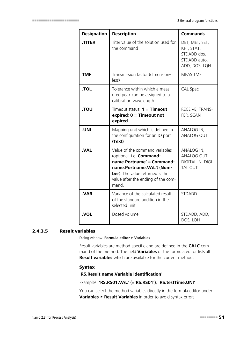 5 result variables, Result vari- ables | Metrohm tiamo 2.3 (process analysis) User Manual | Page 67 / 1790