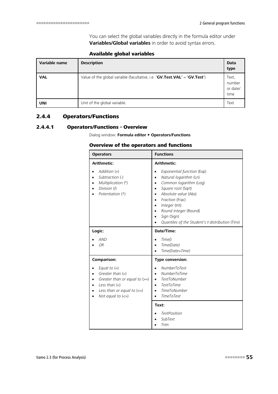 4 operators/functions, 1 operators/functions - overview, Operators/functions | Overview of the operators and functions | Metrohm tiamo 2.3 (process analysis) User Manual | Page 71 / 1790