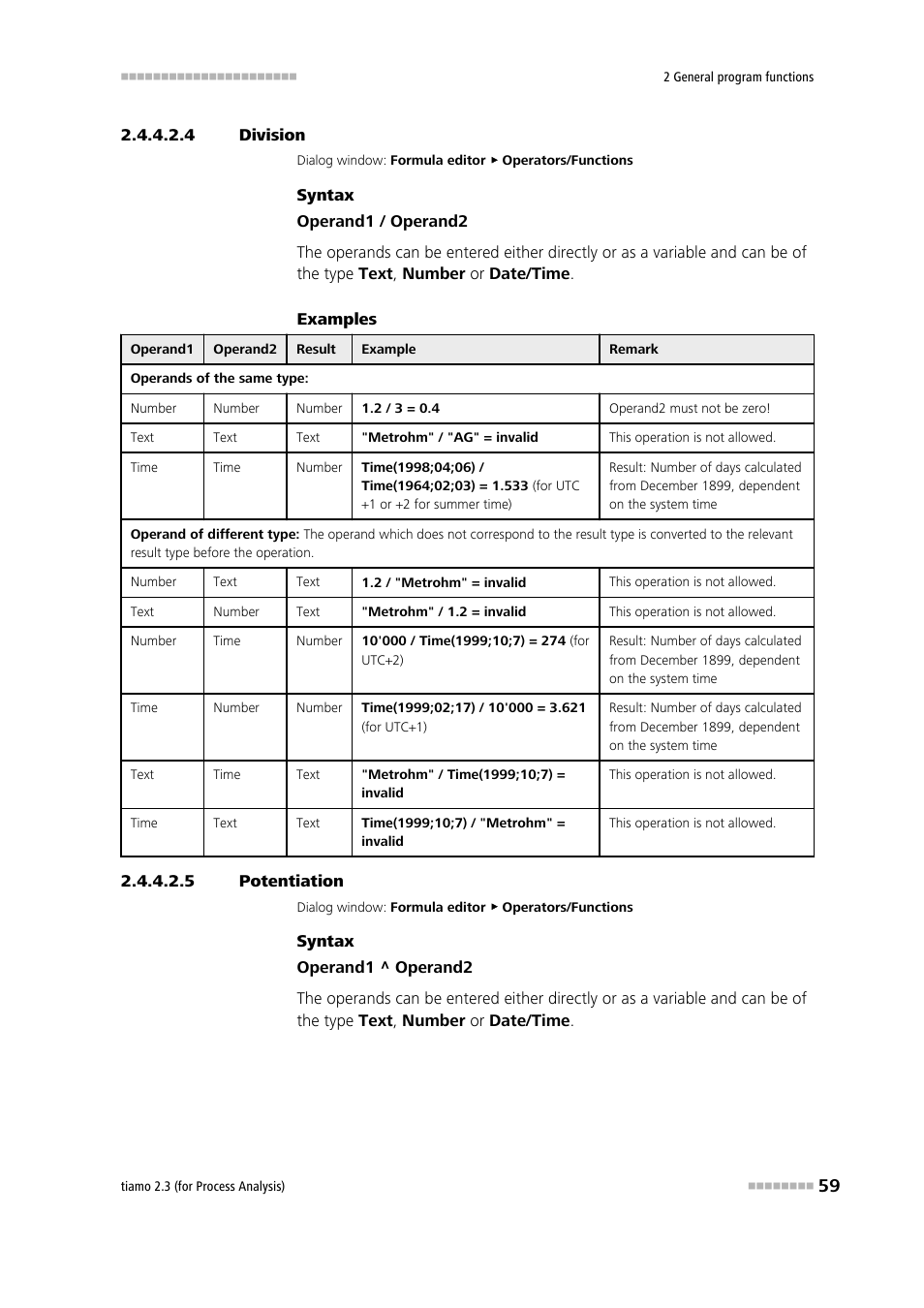 4 division, 5 potentiation, Division | Potentiation, Division (/) | Metrohm tiamo 2.3 (process analysis) User Manual | Page 75 / 1790