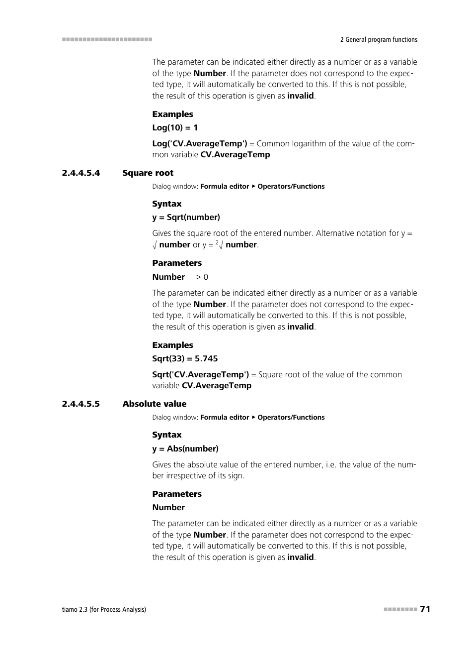 4 square root, 5 absolute value, Square root (sqrt) | Absolute value | Metrohm tiamo 2.3 (process analysis) User Manual | Page 87 / 1790