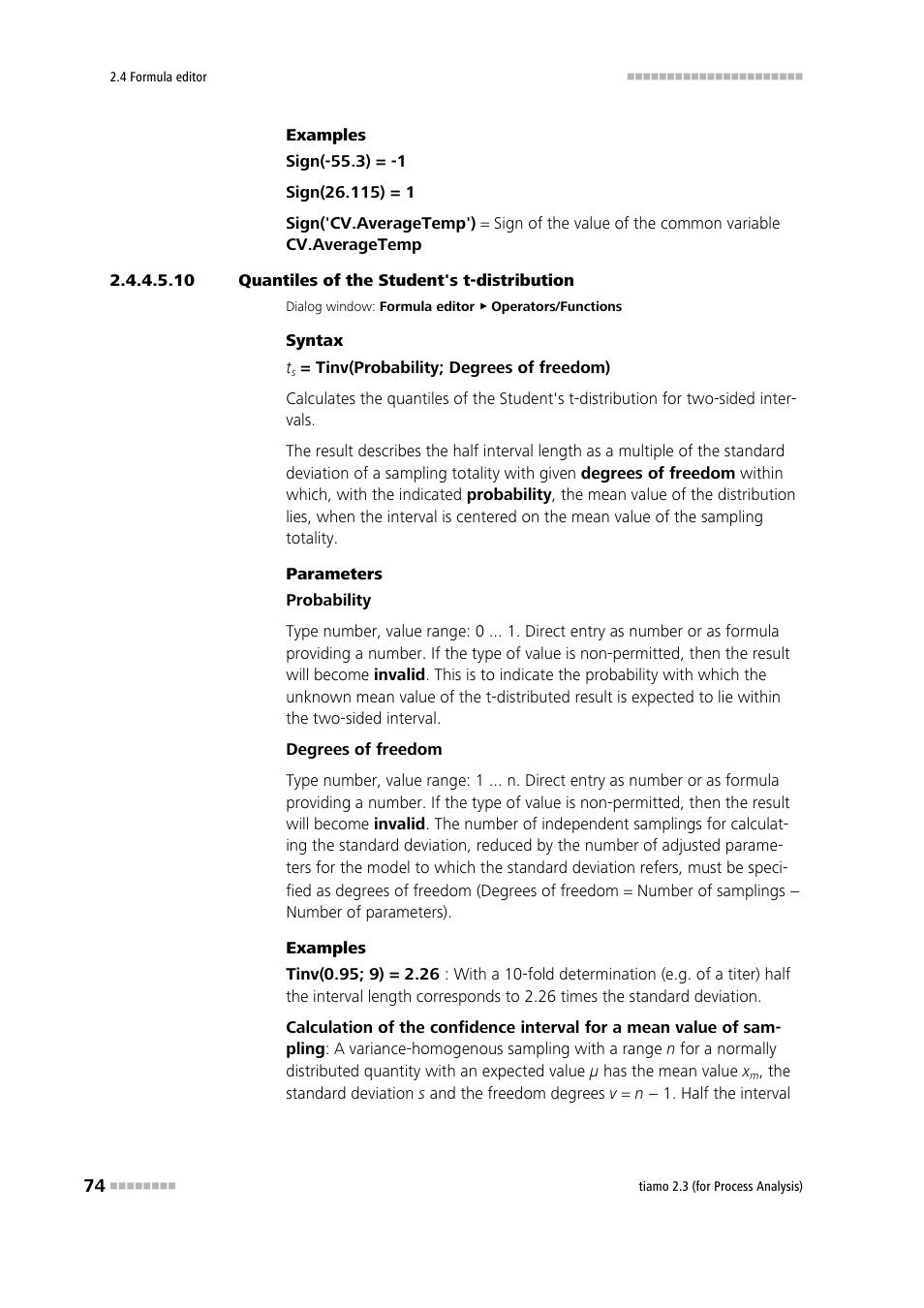 10 quantiles of the student's t-distribution, Quantiles of the student's t-distribution | Metrohm tiamo 2.3 (process analysis) User Manual | Page 90 / 1790