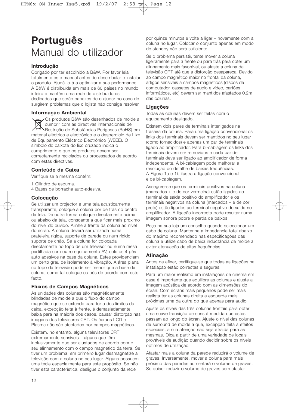 Português manual do utilizador | Bowers & Wilkins HTM61 User Manual | Page 15 / 44