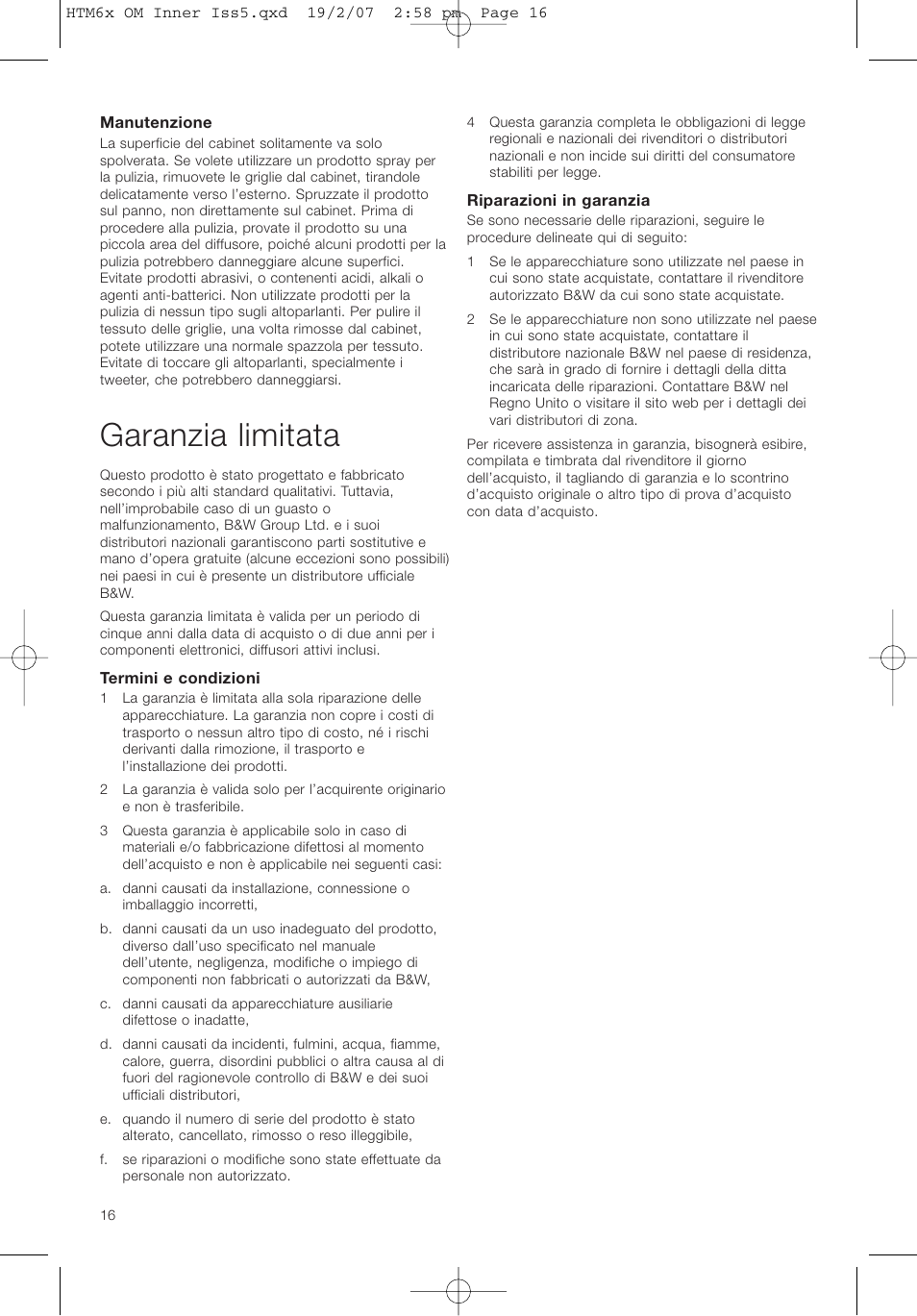 Garanzia limitata | Bowers & Wilkins HTM61 User Manual | Page 19 / 44