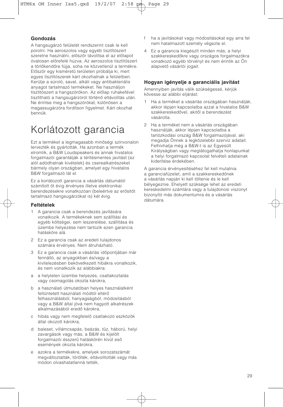 Korlátozott garancia | Bowers & Wilkins HTM61 User Manual | Page 32 / 44