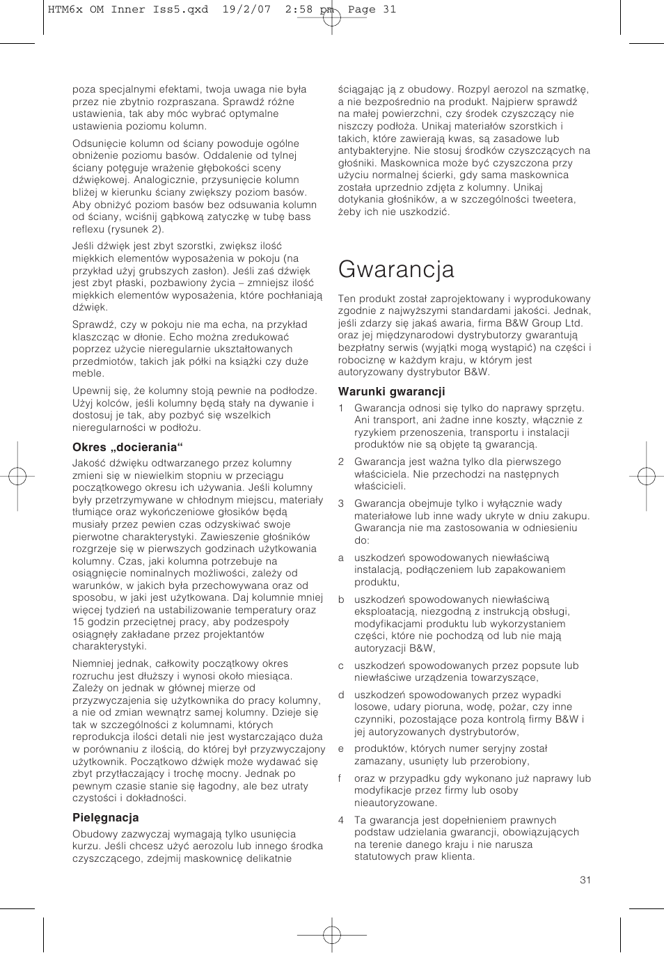 Gwarancja | Bowers & Wilkins HTM61 User Manual | Page 34 / 44