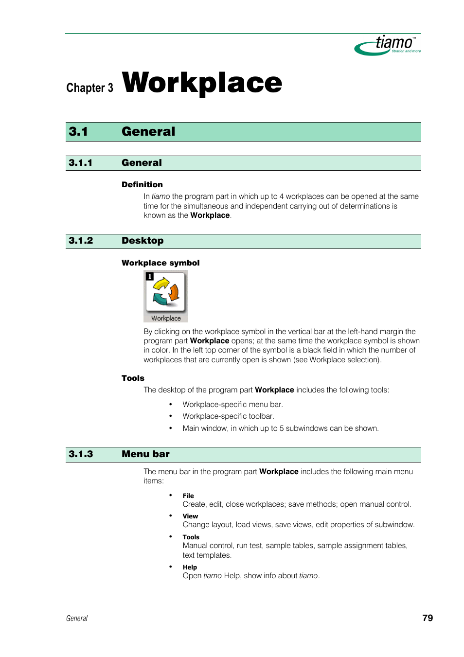 3 workplace, 1 general, 2 desktop | 3 menu bar, Workplace, Chapter 3 | Metrohm tiamo 1.0 Manual User Manual | Page 103 / 714