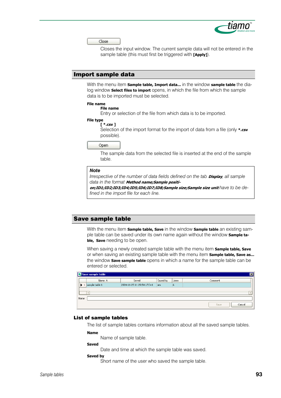 Import sample data, Save sample table | Metrohm tiamo 1.0 Manual User Manual | Page 117 / 714