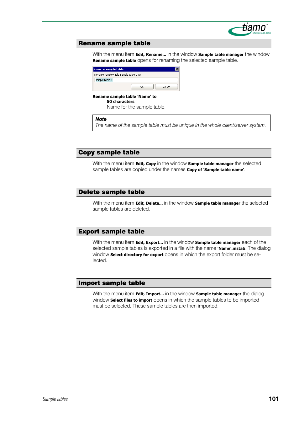 Rename sample table, Copy sample table, Delete sample table | Export sample table, Import sample table | Metrohm tiamo 1.0 Manual User Manual | Page 125 / 714