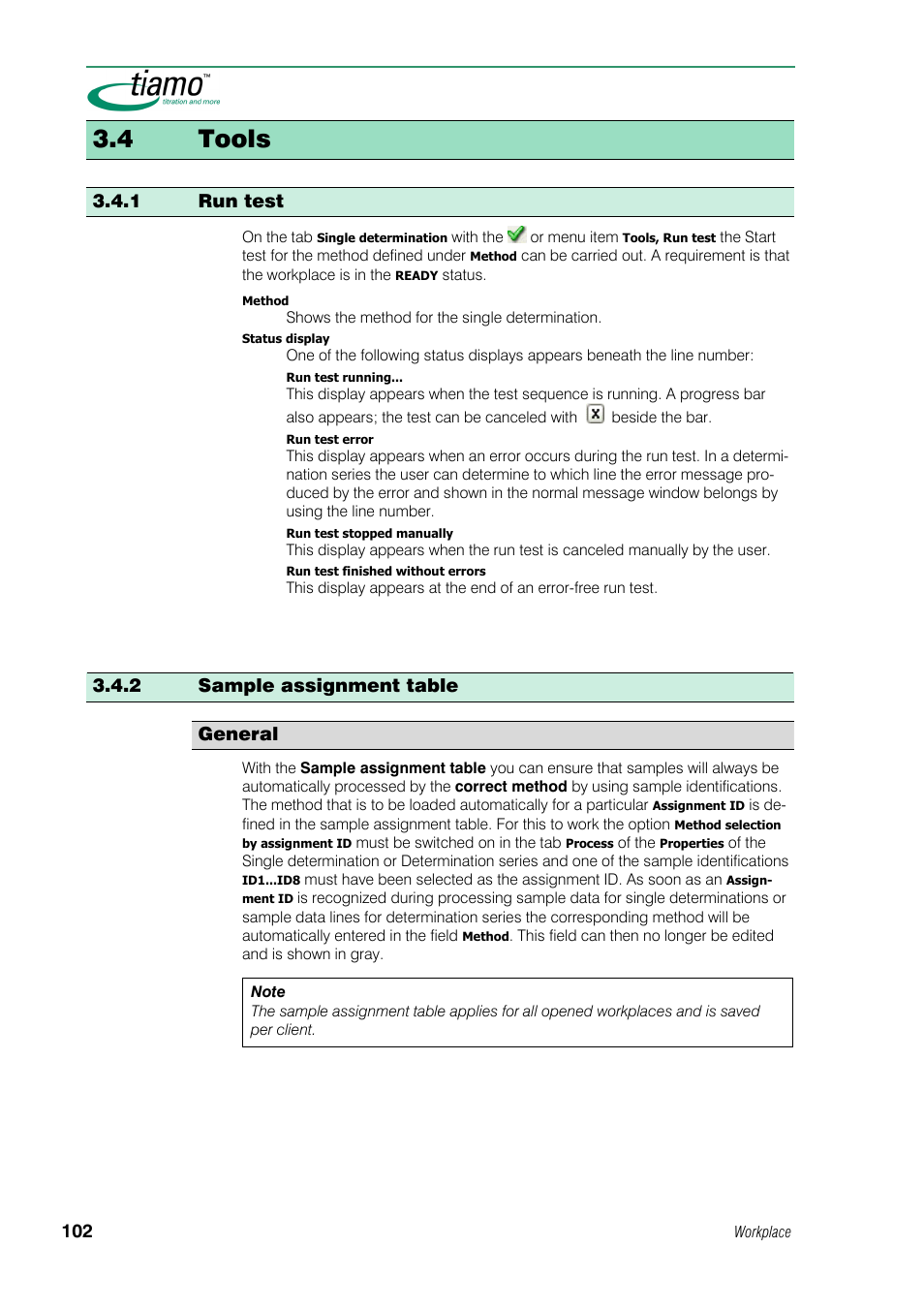 4 tools, 1 run test, 2 sample assignment table | 2 sample assignment table general | Metrohm tiamo 1.0 Manual User Manual | Page 126 / 714