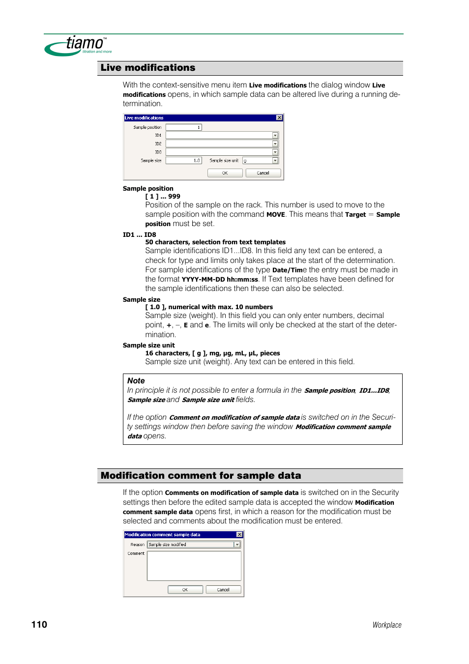 Live modifications, Modification comment for sample data | Metrohm tiamo 1.0 Manual User Manual | Page 134 / 714