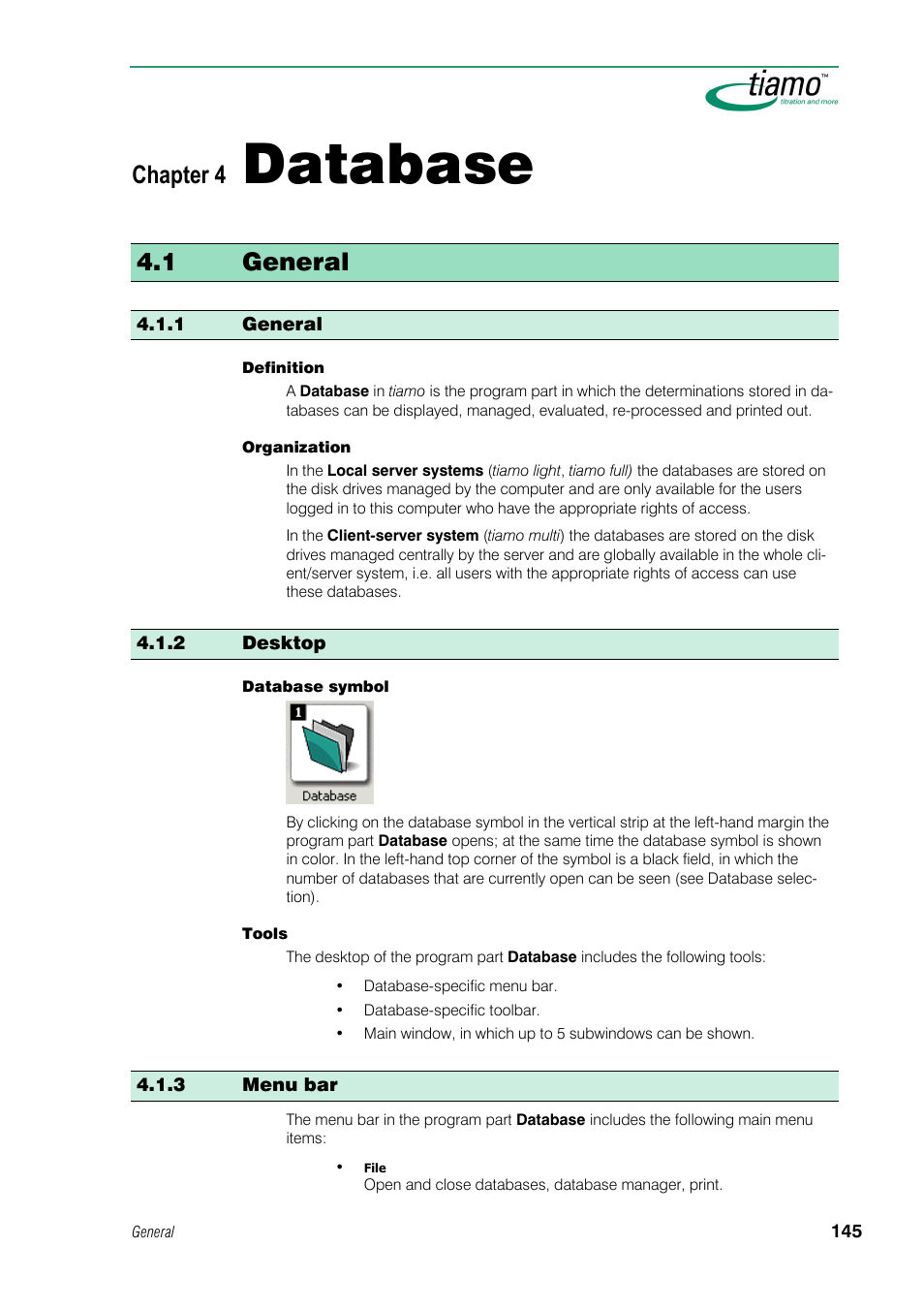 4 database, 1 general, 2 desktop | 3 menu bar, Database, Chapter 4 | Metrohm tiamo 1.0 Manual User Manual | Page 169 / 714