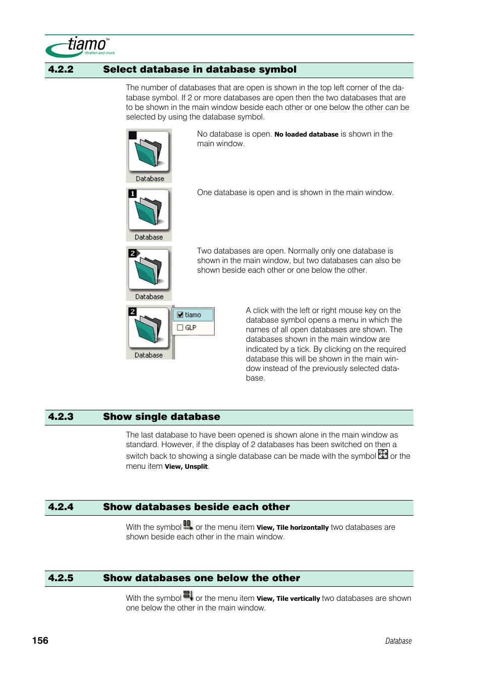 2 select database in database symbol, 3 show single database, 4 show databases beside each other | 5 show databases one below the other | Metrohm tiamo 1.0 Manual User Manual | Page 180 / 714