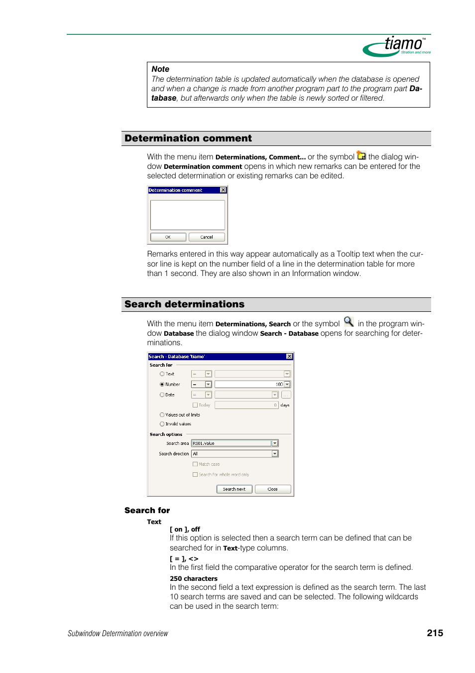 Determination comment, Search determinations | Metrohm tiamo 1.0 Manual User Manual | Page 239 / 714