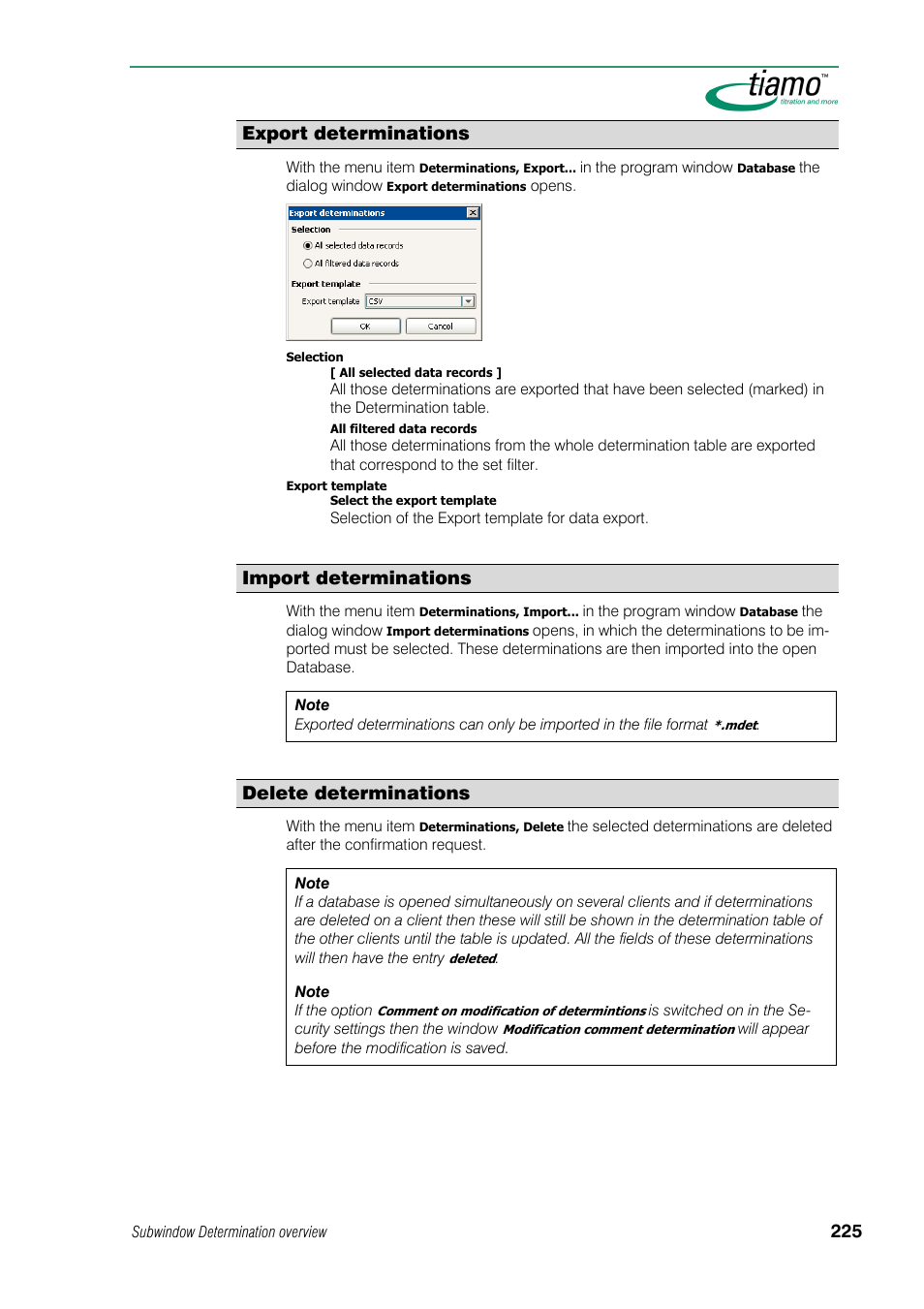 Export determinations, Import determinations, Delete determinations | Metrohm tiamo 1.0 Manual User Manual | Page 249 / 714