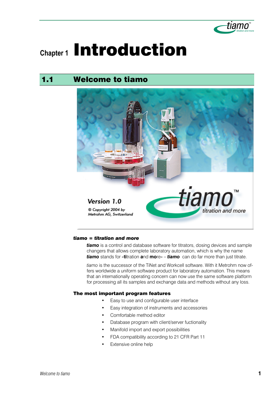 1 introduction, 1 welcome to tiamo, Introduction | Chapter 1 | Metrohm tiamo 1.0 Manual User Manual | Page 25 / 714