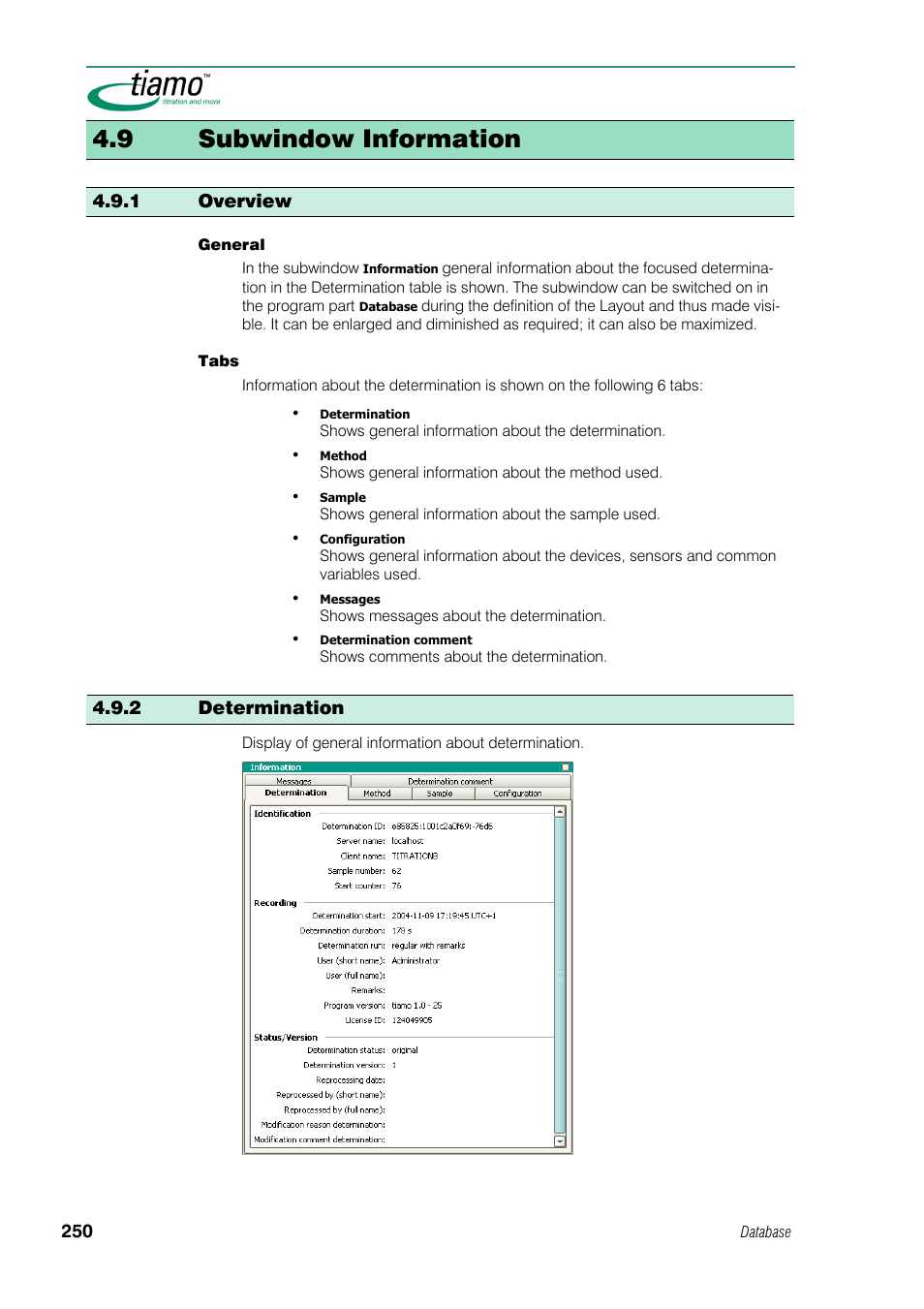 9 subwindow information, 1 overview, 2 determination | Metrohm tiamo 1.0 Manual User Manual | Page 274 / 714