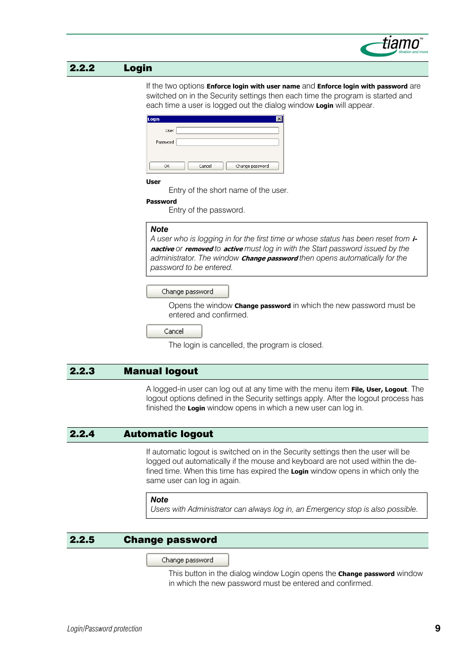 2 login, 3 manual logout, 4 automatic logout | 5 change password | Metrohm tiamo 1.0 Manual User Manual | Page 33 / 714