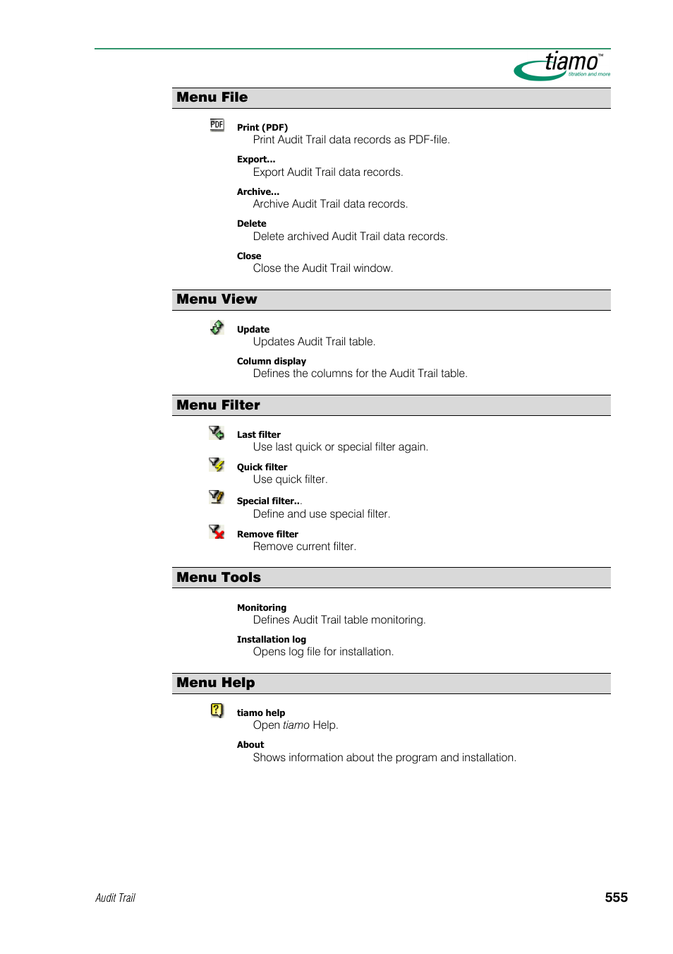 Menu file, Menu view, Menu filter | Menu tools, Menu help | Metrohm tiamo 1.0 Manual User Manual | Page 579 / 714